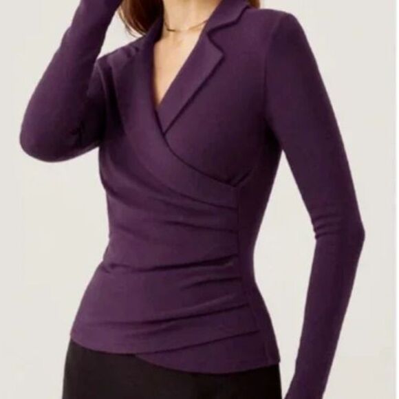 OGL EcoMousse ProWarm Brown Surplice Wrap Look Long Sleeve Collared Top Sz Large - Picture 2 of 9